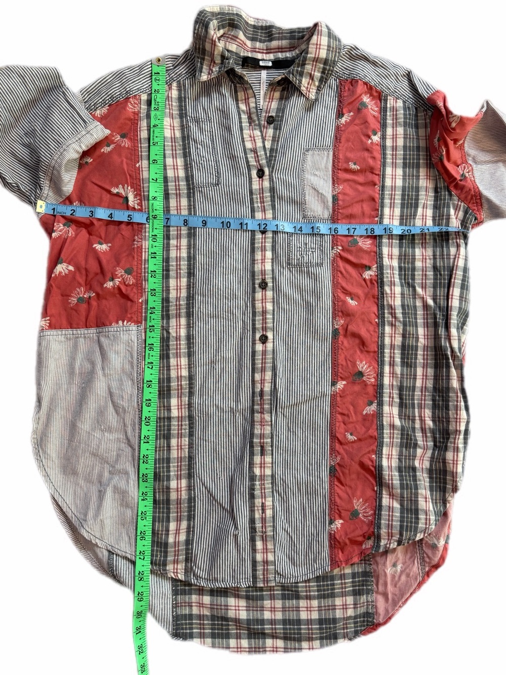 Free People All Patched Up Button Down Shirt Patchwork Plaid Floral Oversized M - Picture 14 of 15